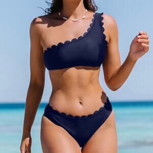 Loft High waist scalloped edge bikini bottoms navy